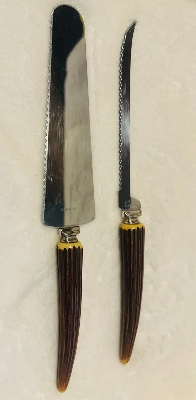 Set Of 2 Antique Stainless Antler Stag Horn Knifes Sharp Carving Made In USA